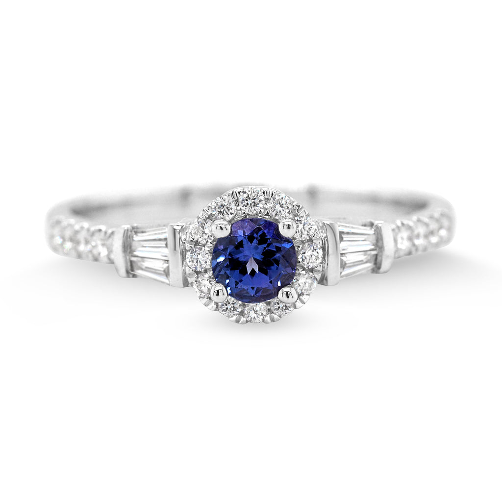 18ct White Gold Tanzanite & Baguette Diamond Halo Ring TDW 0