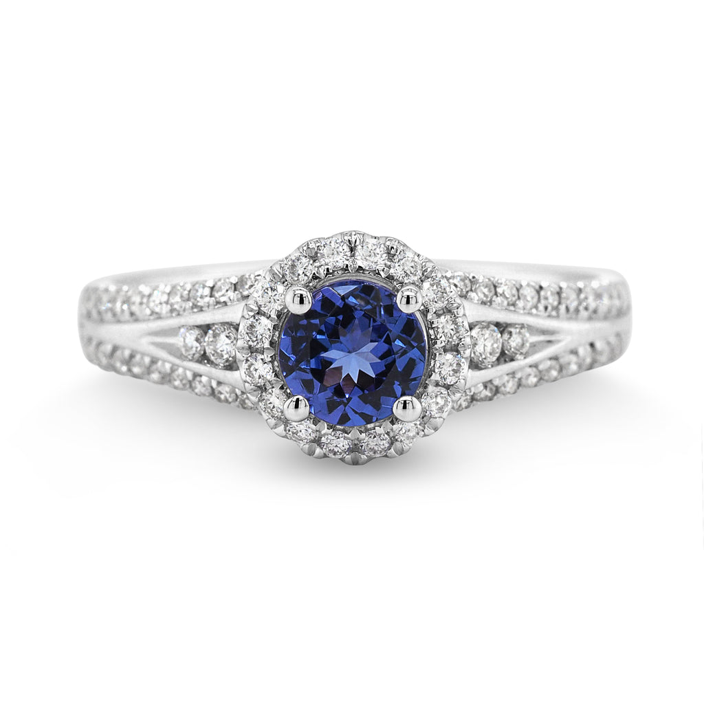 18ct White Gold Tanzanite & Diamond Halo Ring TDW 0.26CT