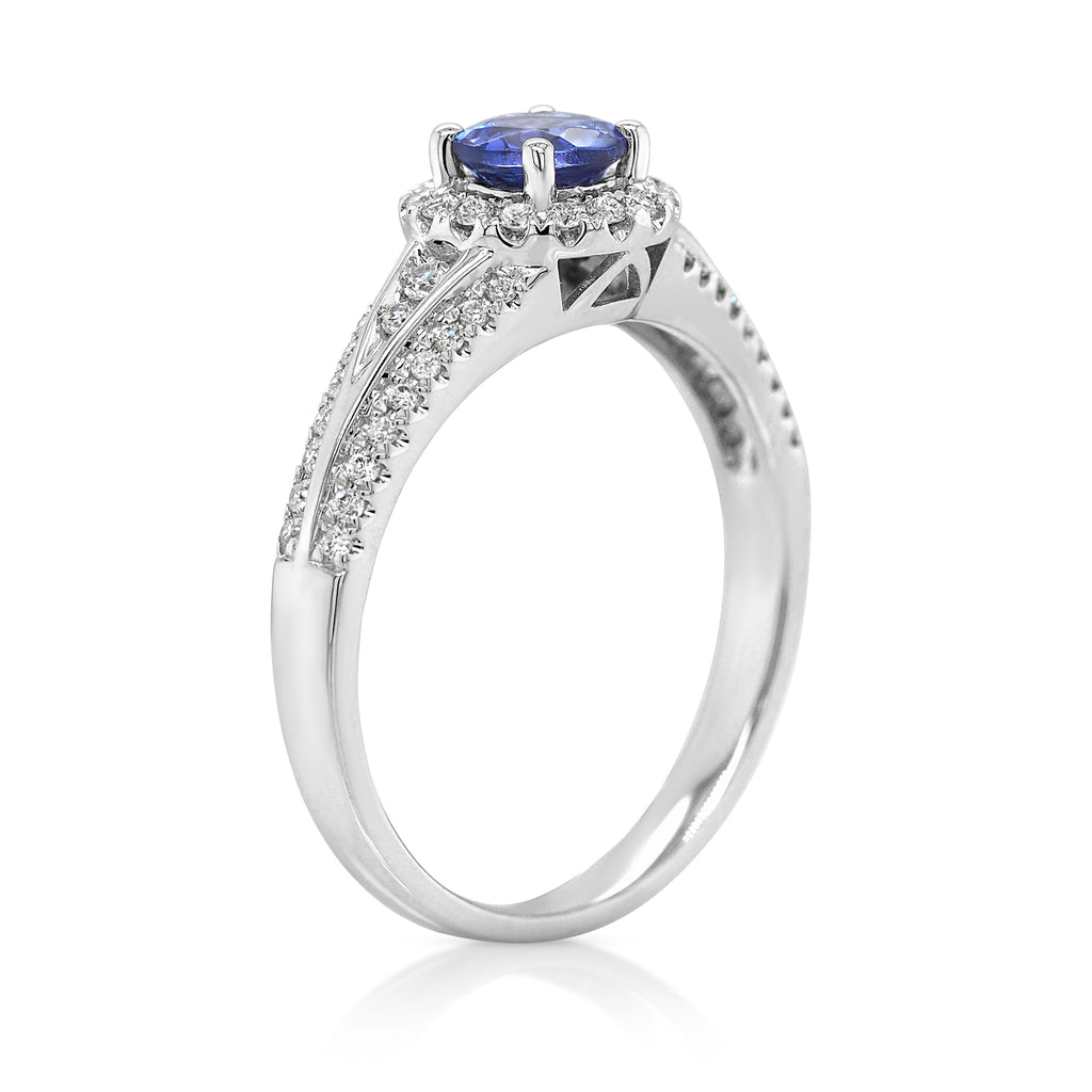 18ct White Gold Tanzanite & Diamond Halo Ring TDW 0.26CT