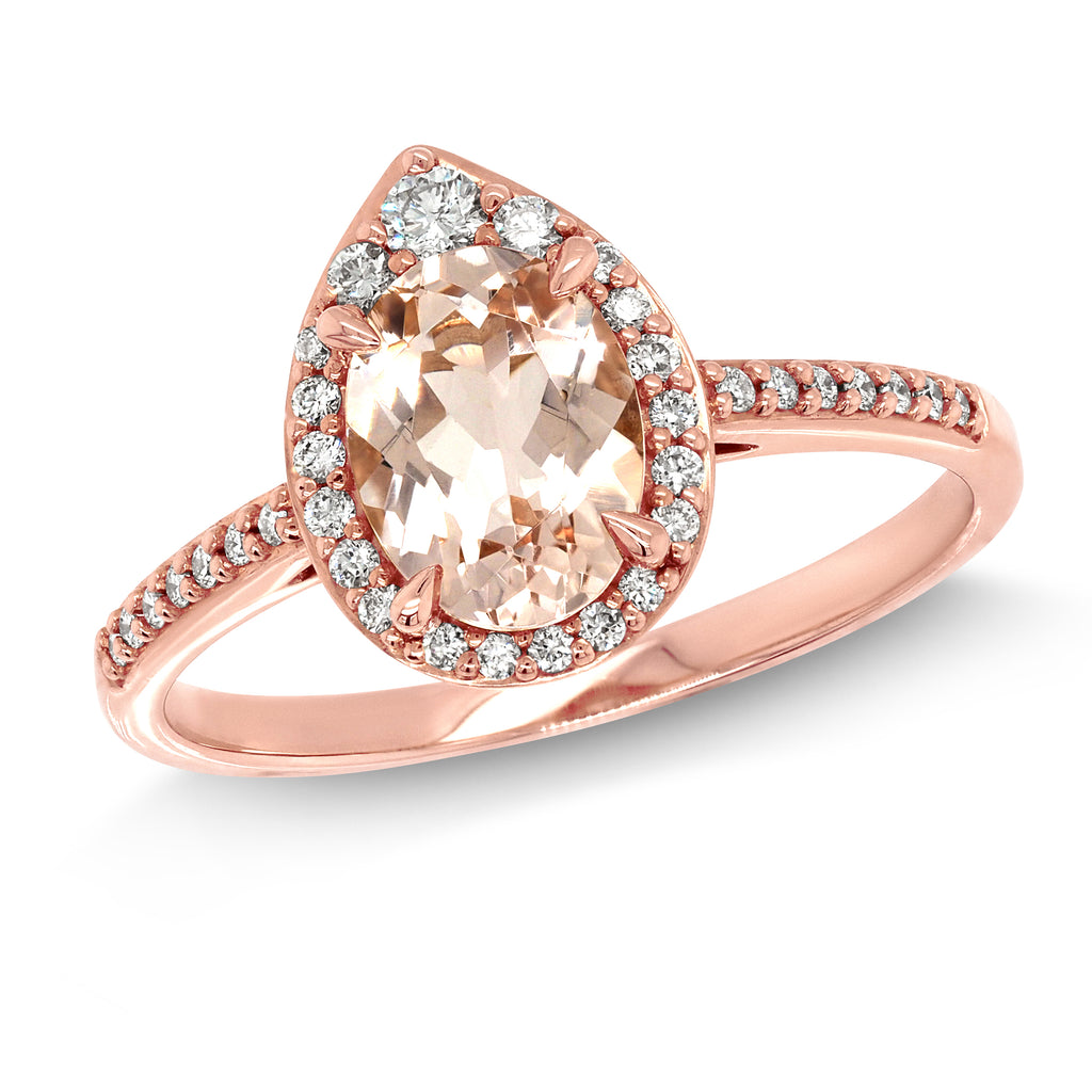 18ct Rose Gold Pear Cut Morganite & Diamond Halo Ring TDW: 0