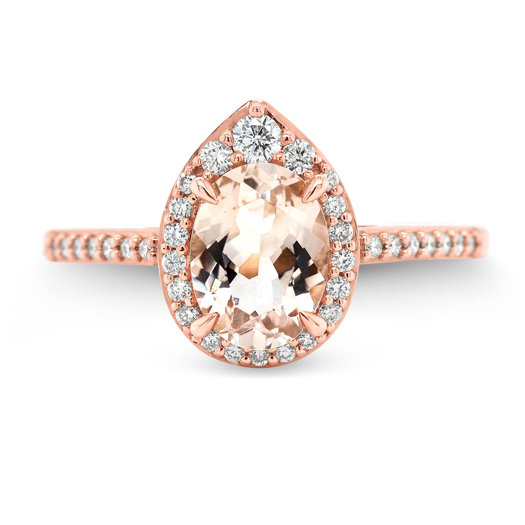 18ct Rose Gold Pear Cut Morganite & Diamond Halo Ring TDW: 0