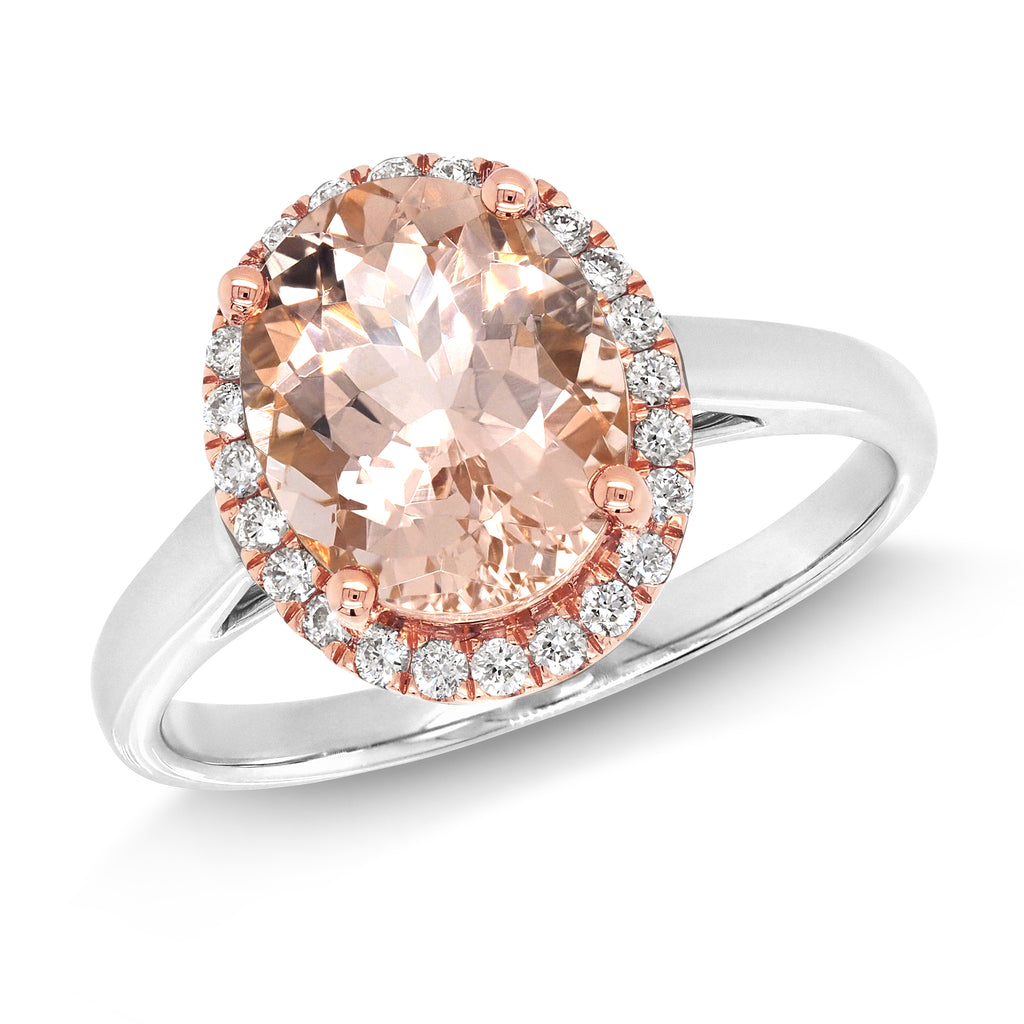 18ct White Gold Oval Morganite Diamond Halo Ring TDW 0.19CT