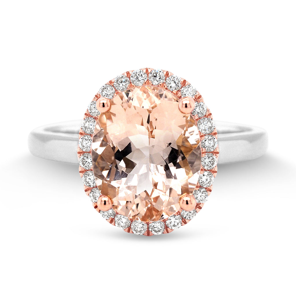 18ct White Gold Oval Morganite Diamond Halo Ring TDW 0.19CT