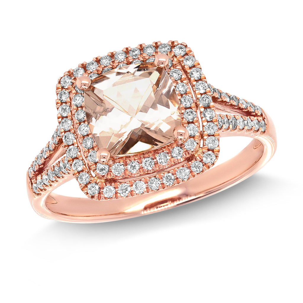 18ct Rose Gold Cushion Cut Morganite & Double Diamond Halo R