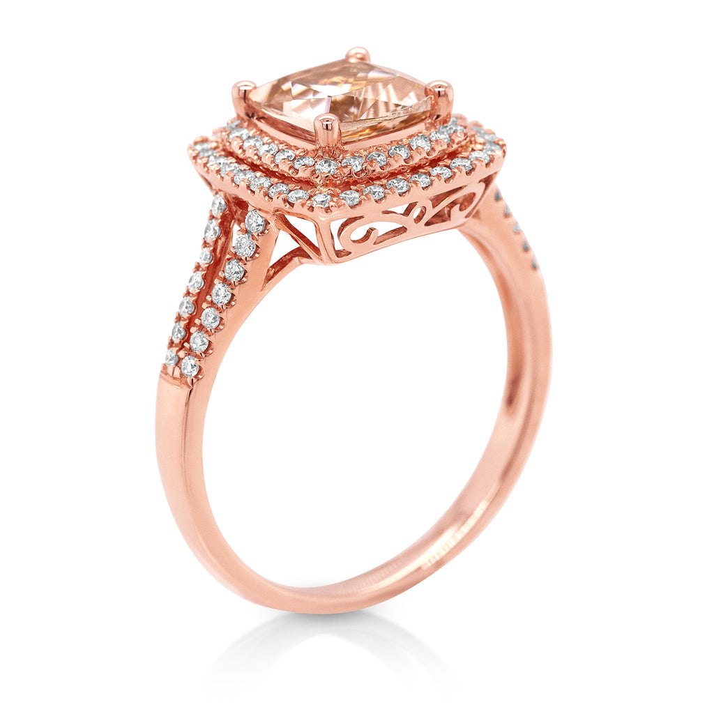 18ct Rose Gold Cushion Cut Morganite & Double Diamond Halo R