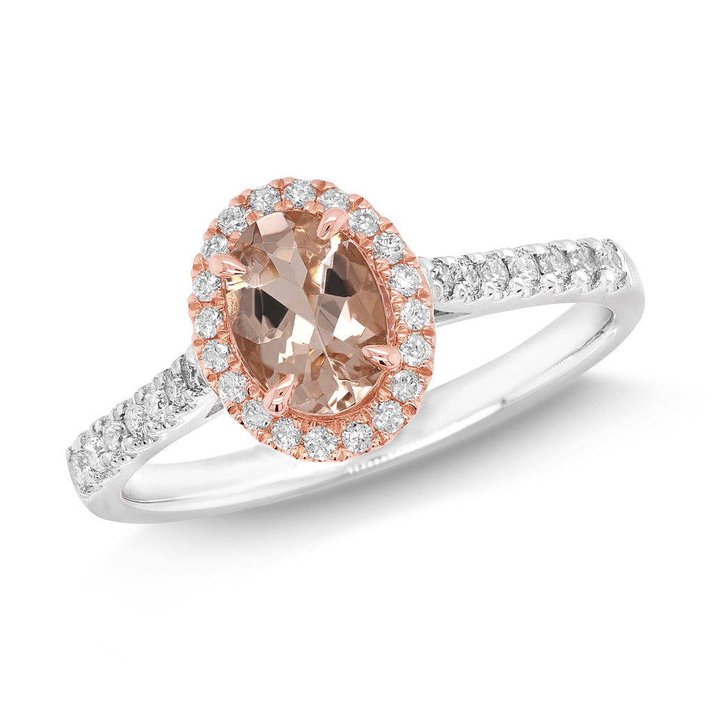 18ct White Gold Oval Morganite & Diamond Halo Ring TDW: 0.25