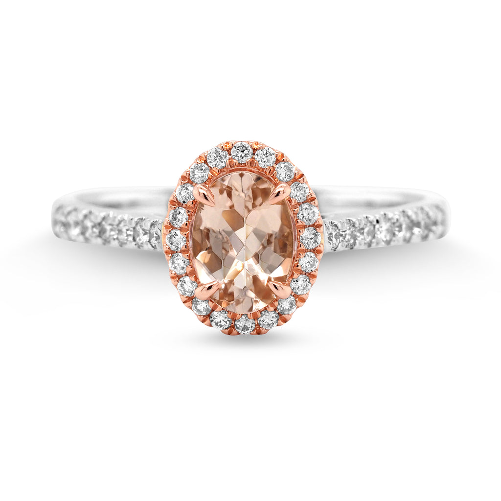 18ct White Gold Oval Morganite & Diamond Halo Ring TDW: 0.25