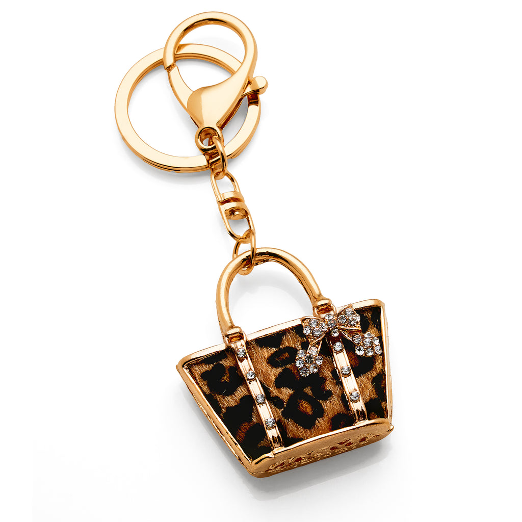 Leopard Print Gold Tone Crystal Tote Bag Keyring PKR43