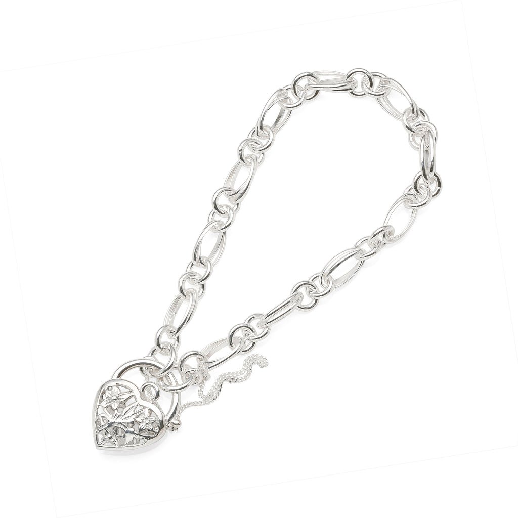 Sterling Silver Filigree Heart Padlock Bracelet