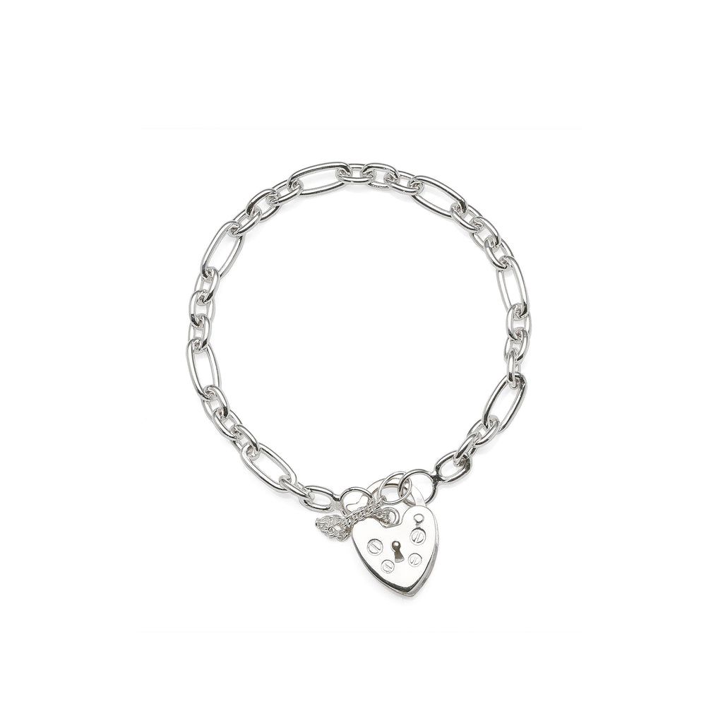 Sterling Silver Solid Oval Link Heart Padlock Baby Bracelet