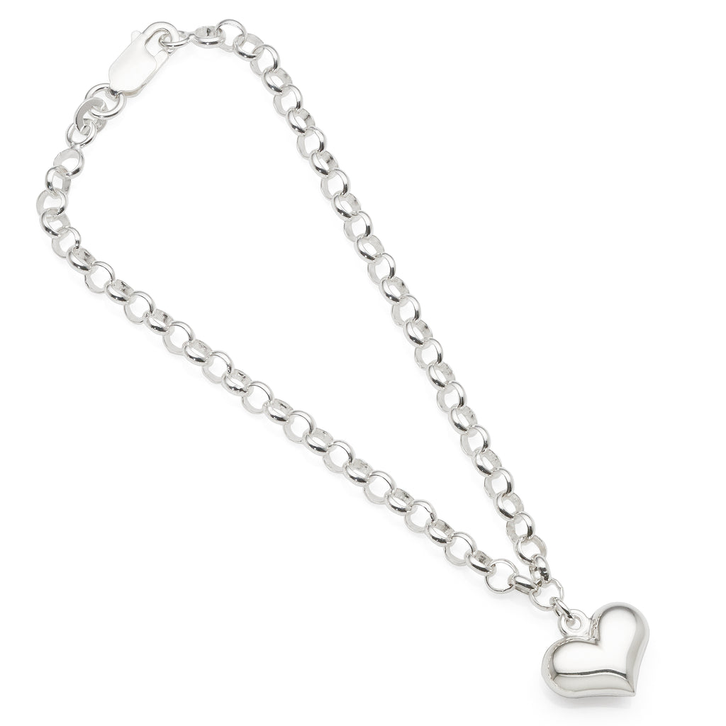 Sterling Silver Round Belcher Hanging Puff Heart Charm Brace