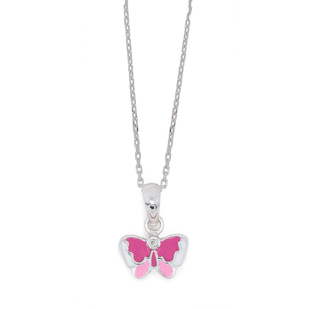 Sterling Silver Cubic Zirconia Pink Enamel Butterfly Pendant