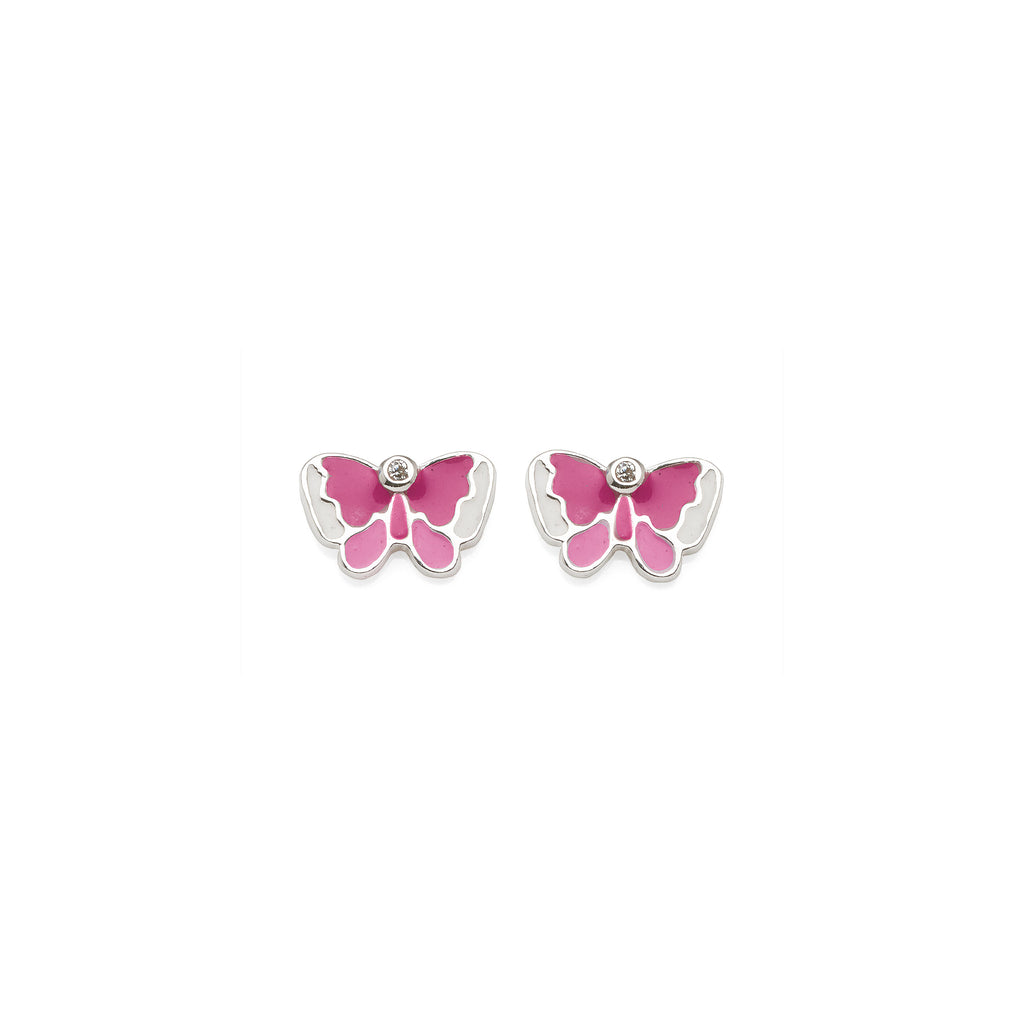 Sterling Silver Cubic Zirconia Pink Enamel Butterfly Stud Ea