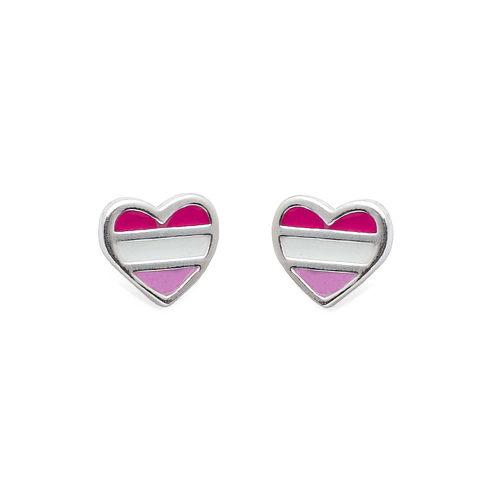 Sterling Silver Pink Horizontal Striped Heart Stud Earrings