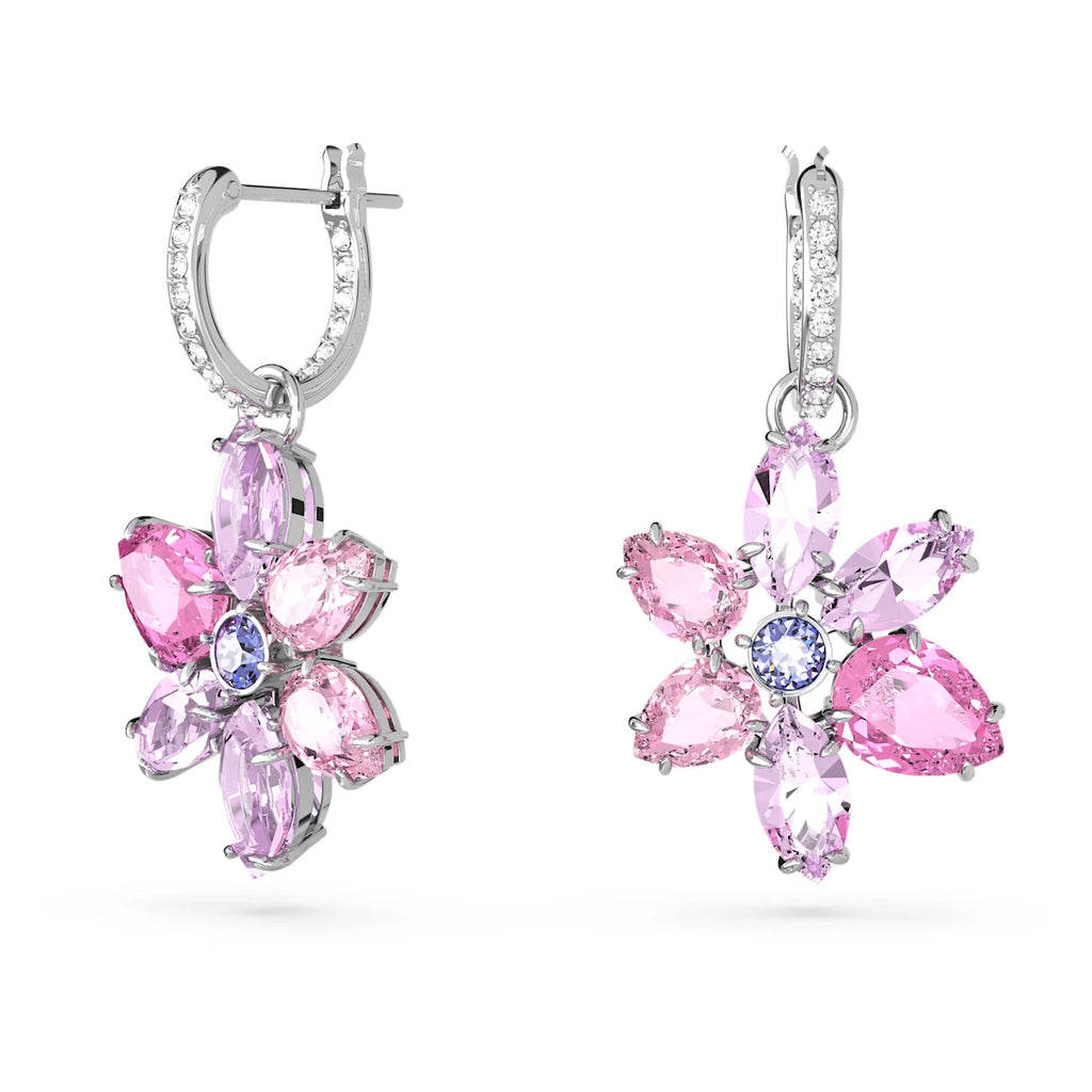 Swarovski 'Gema' Rhodium Plated Pink Crystal Flower Hoops 56