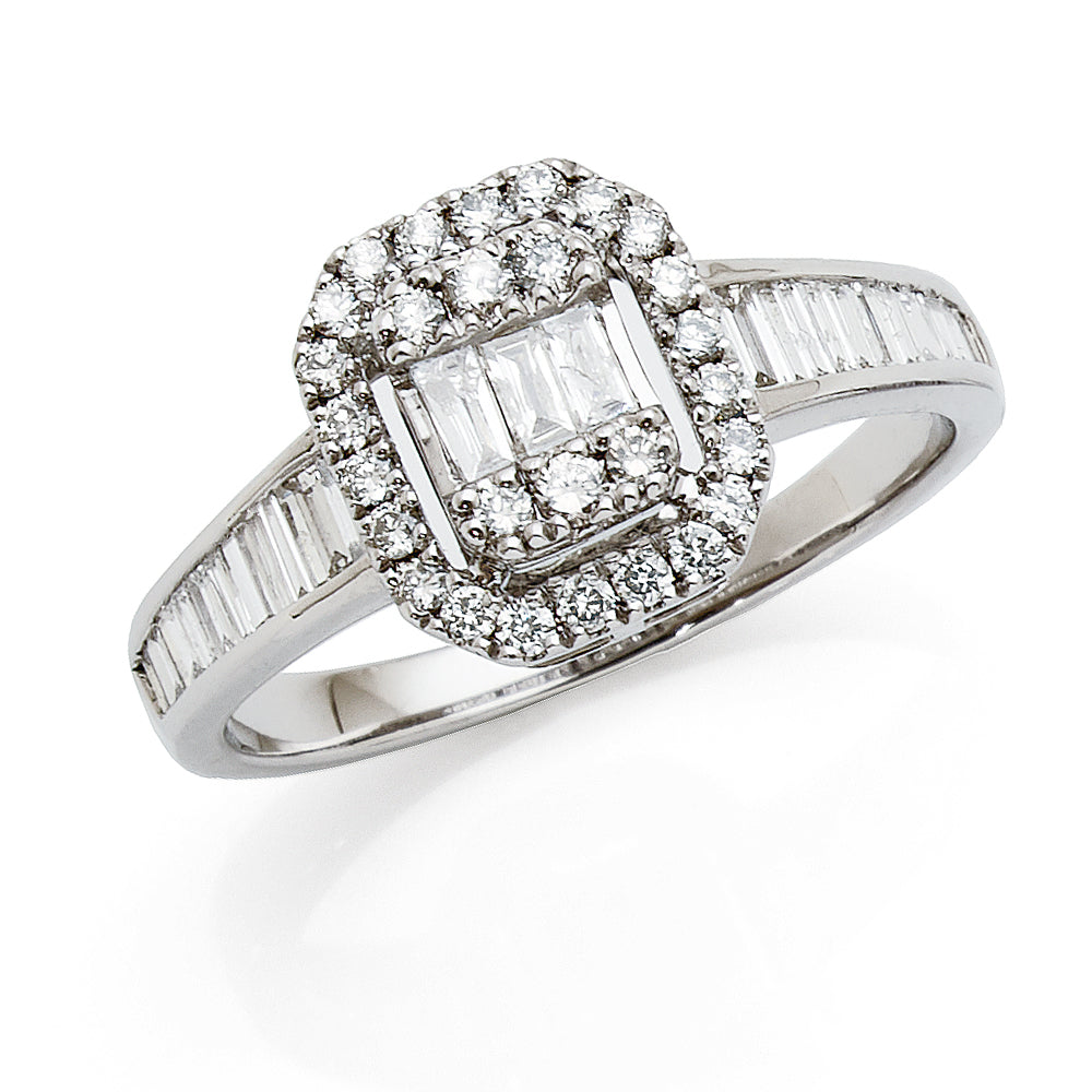 9ct White Gold Baguette & Round Diamond Halo Ring TDW 0.65CT