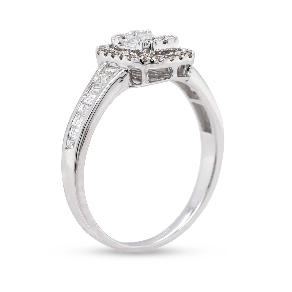 9ct White Gold Baguette & Round Diamond Halo Ring TDW 0.65CT