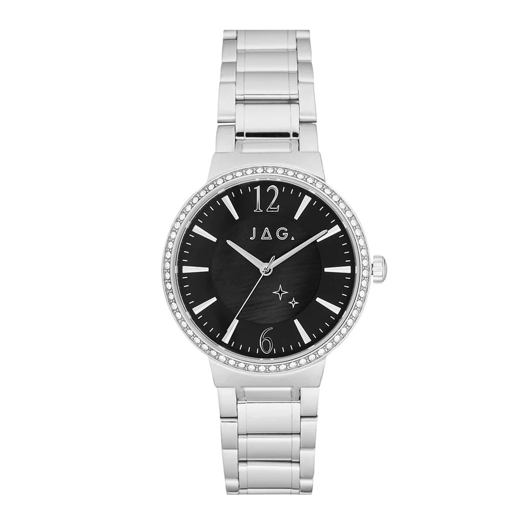 Jag Skye Black Mother of Pearl Silver Tone Crystal Set Watch