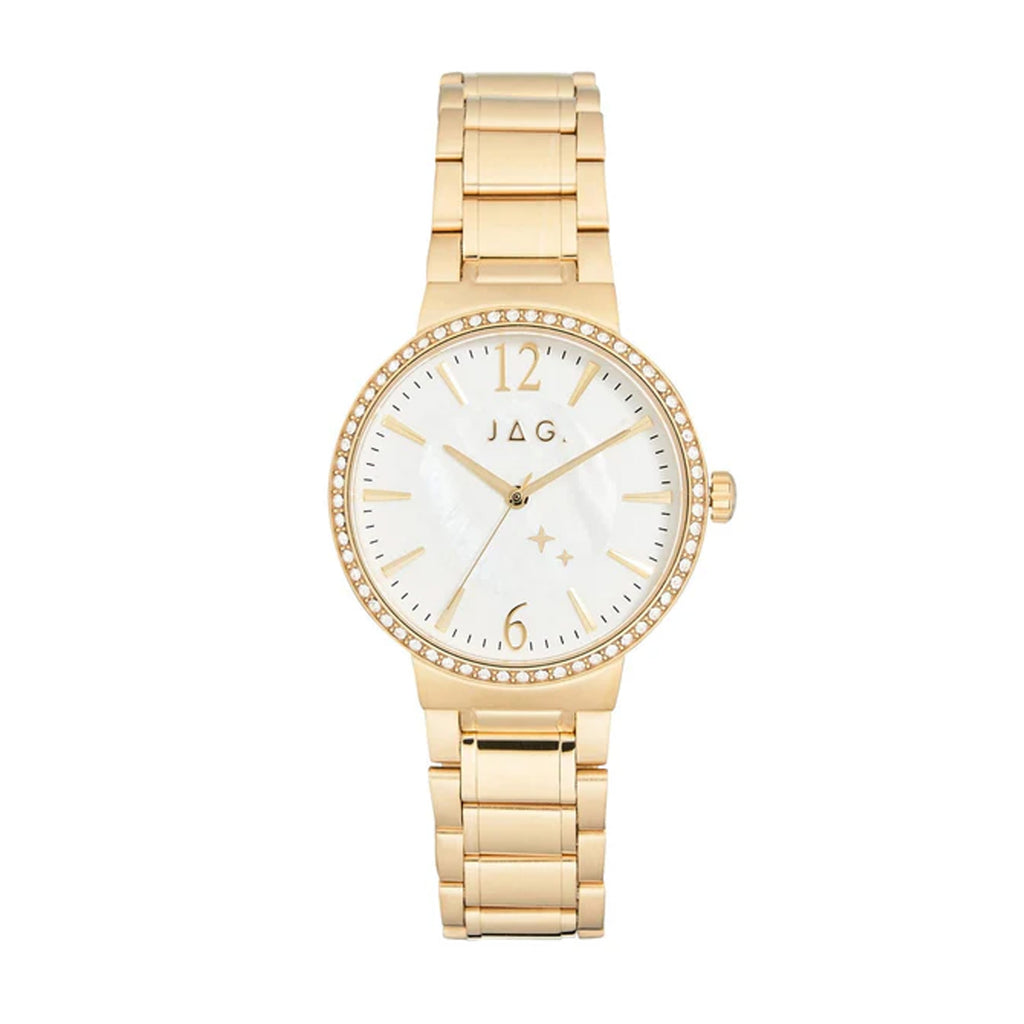 Jag Skye Gold-Tone Crystal Bezel Mother of Pearl Dial Watch