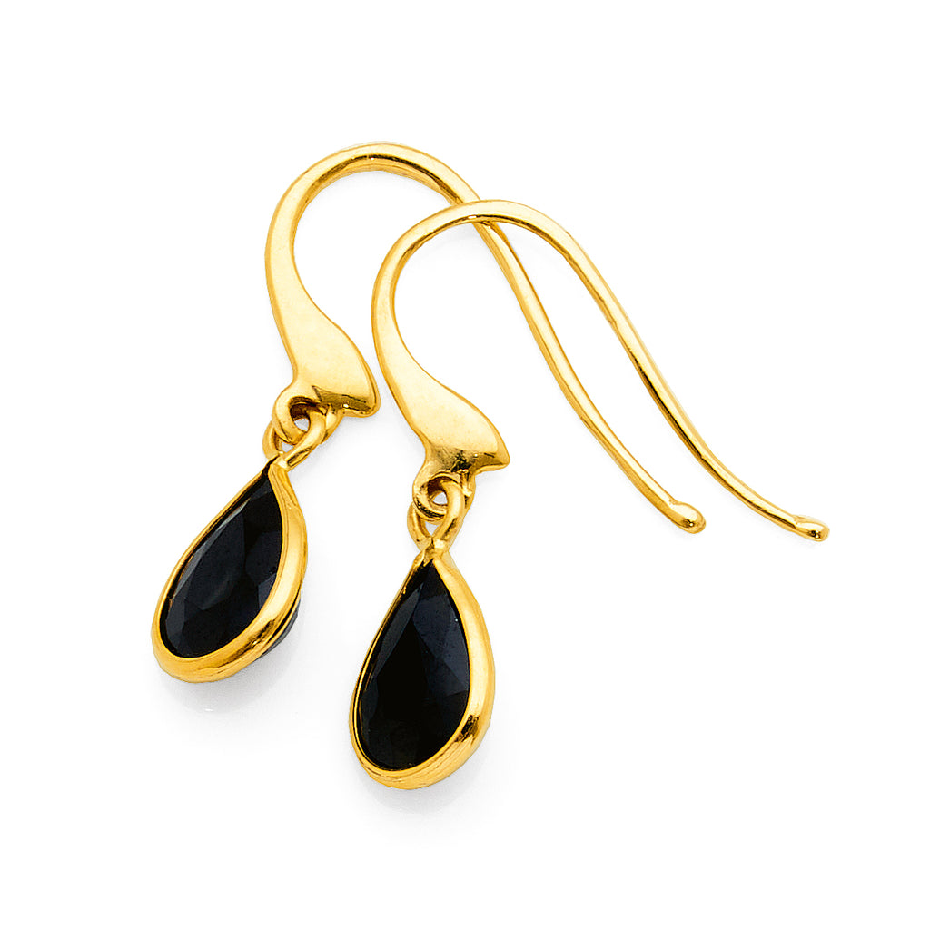 9ct Yellow Gold Pear Shaped Black Sapphire Hook Earrings