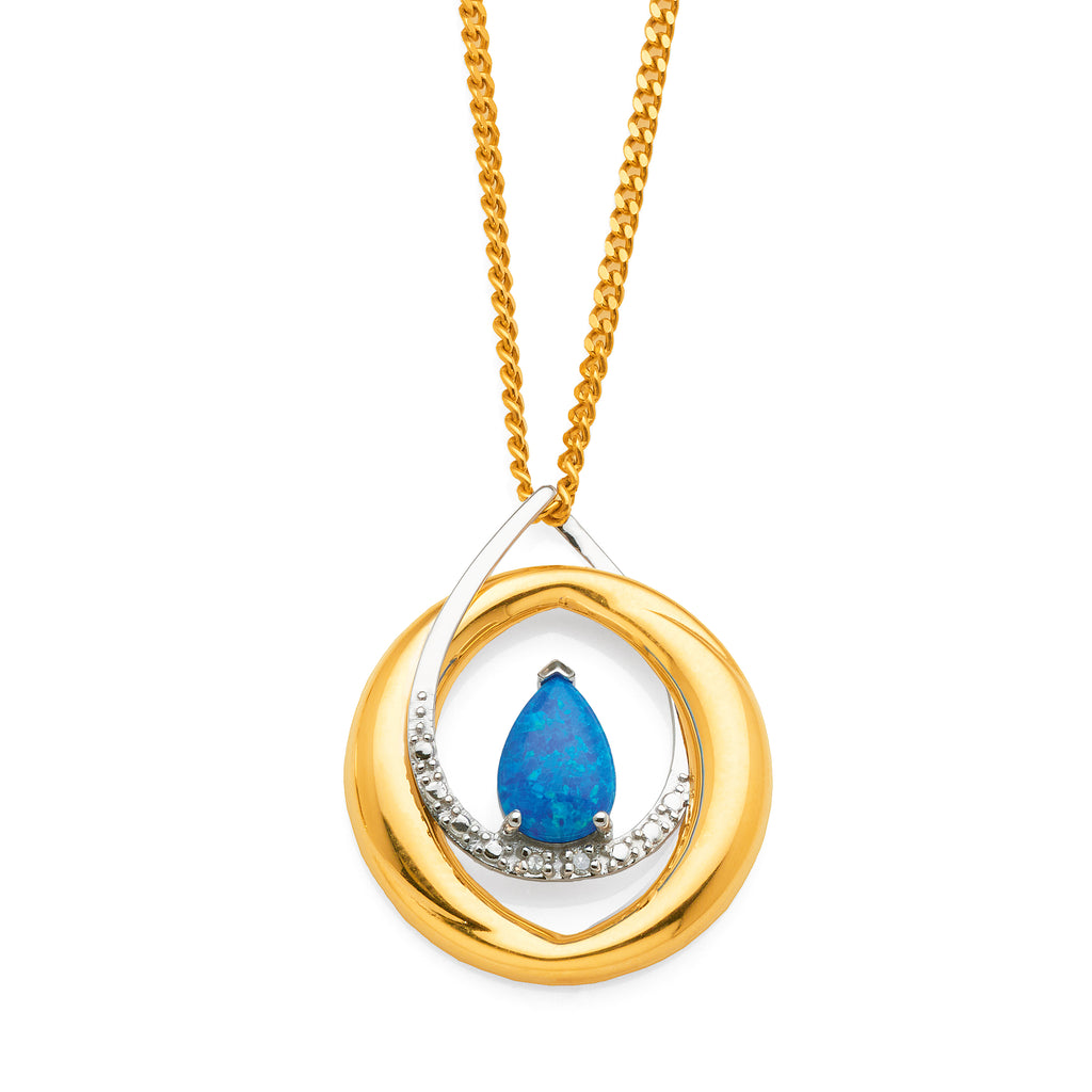9ct Gold 2-Tone Pear Shaped Created Opal & Diamond Pendant