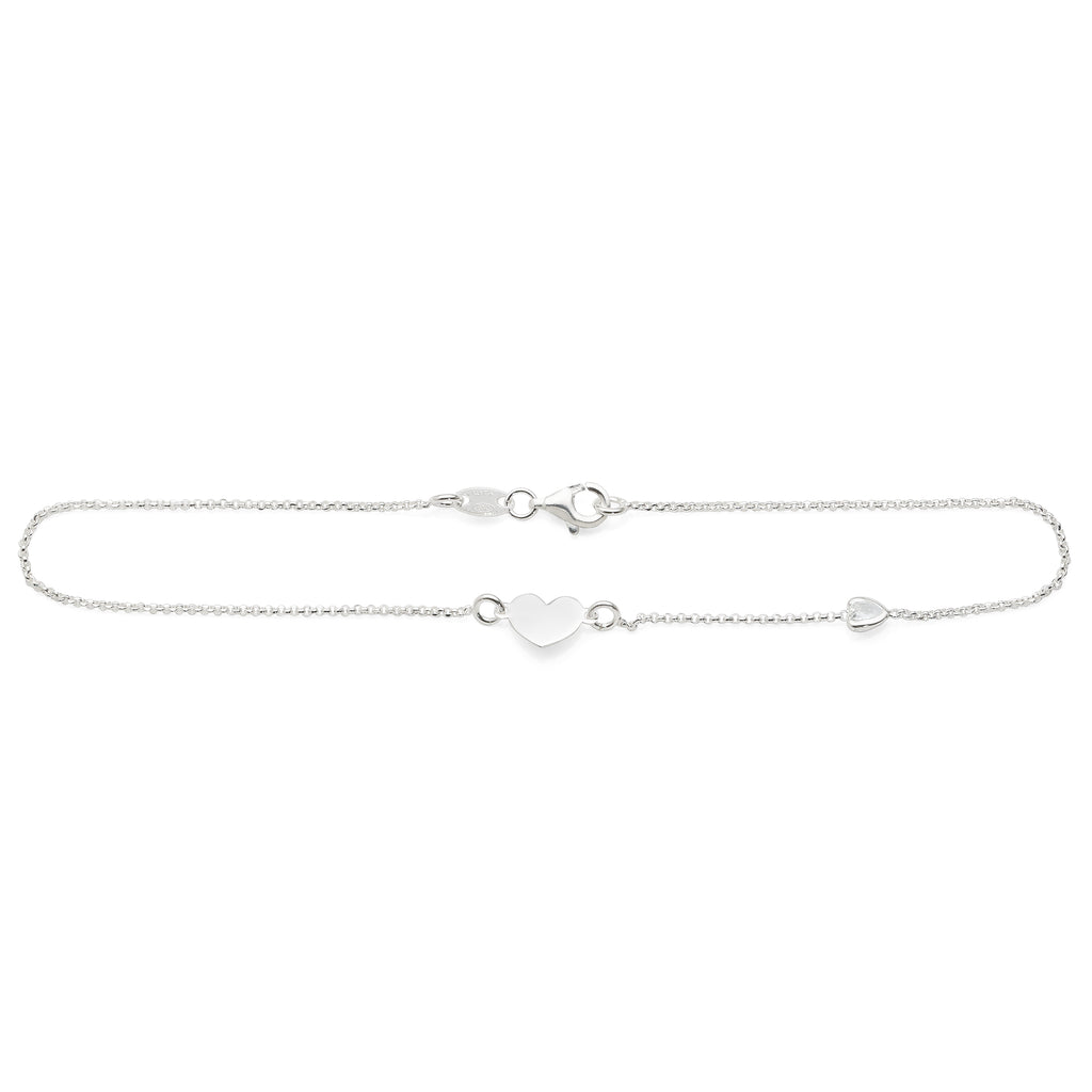 Sterling Silver Cubic Zirconia Heart Trace Chain Anklet