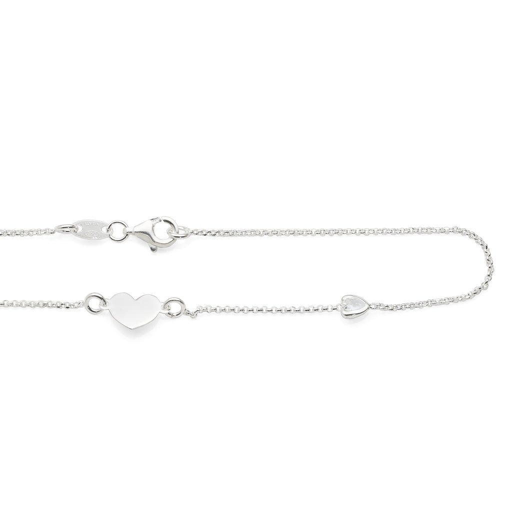 Sterling Silver Cubic Zirconia Heart Trace Chain Anklet