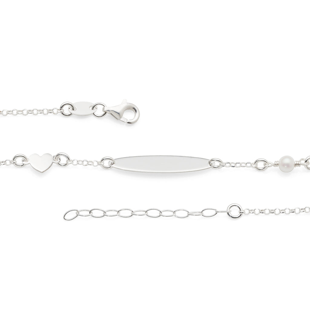 Sterling Silver Oval ID Pearl Bead & Heart Bracelet