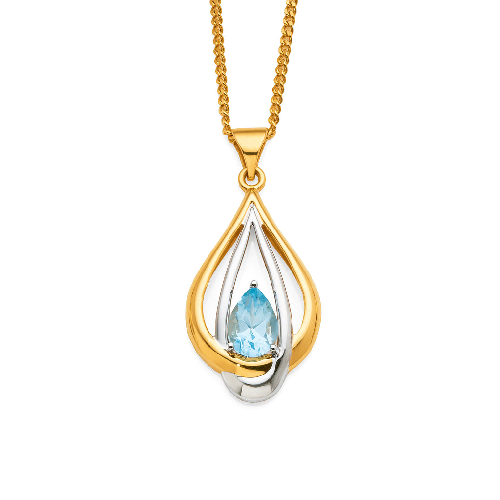 9ct Gold 2-Tone Pear Shaped Blue Topaz Pendant