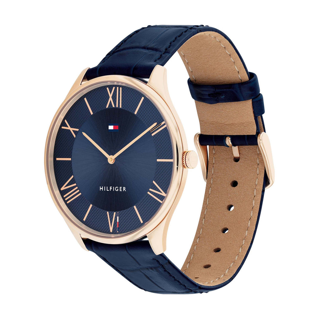 Tommy Hilfiger 'Becker' Rose Tone Navy Blue Leather Watch 17