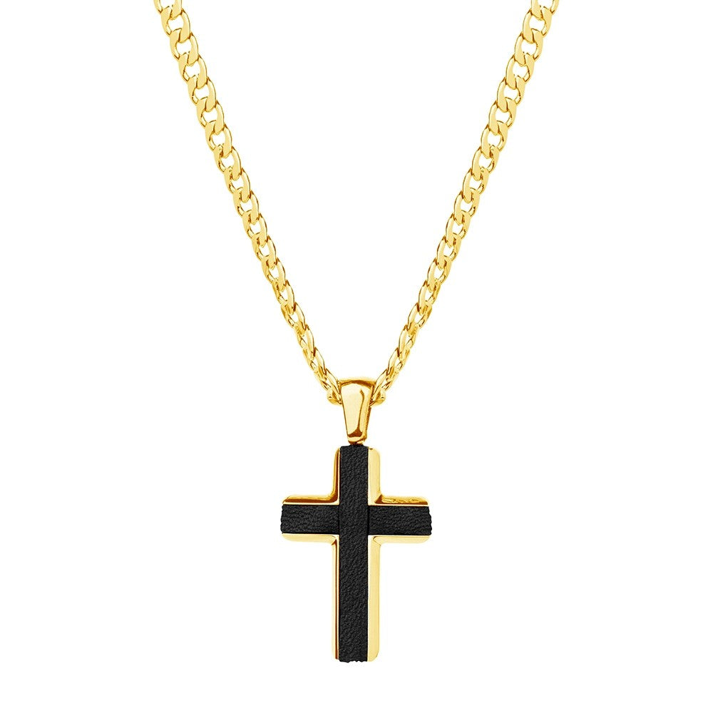 Blaze Gold Tone Stainless Steel & Leather Cross on 55cm Curb