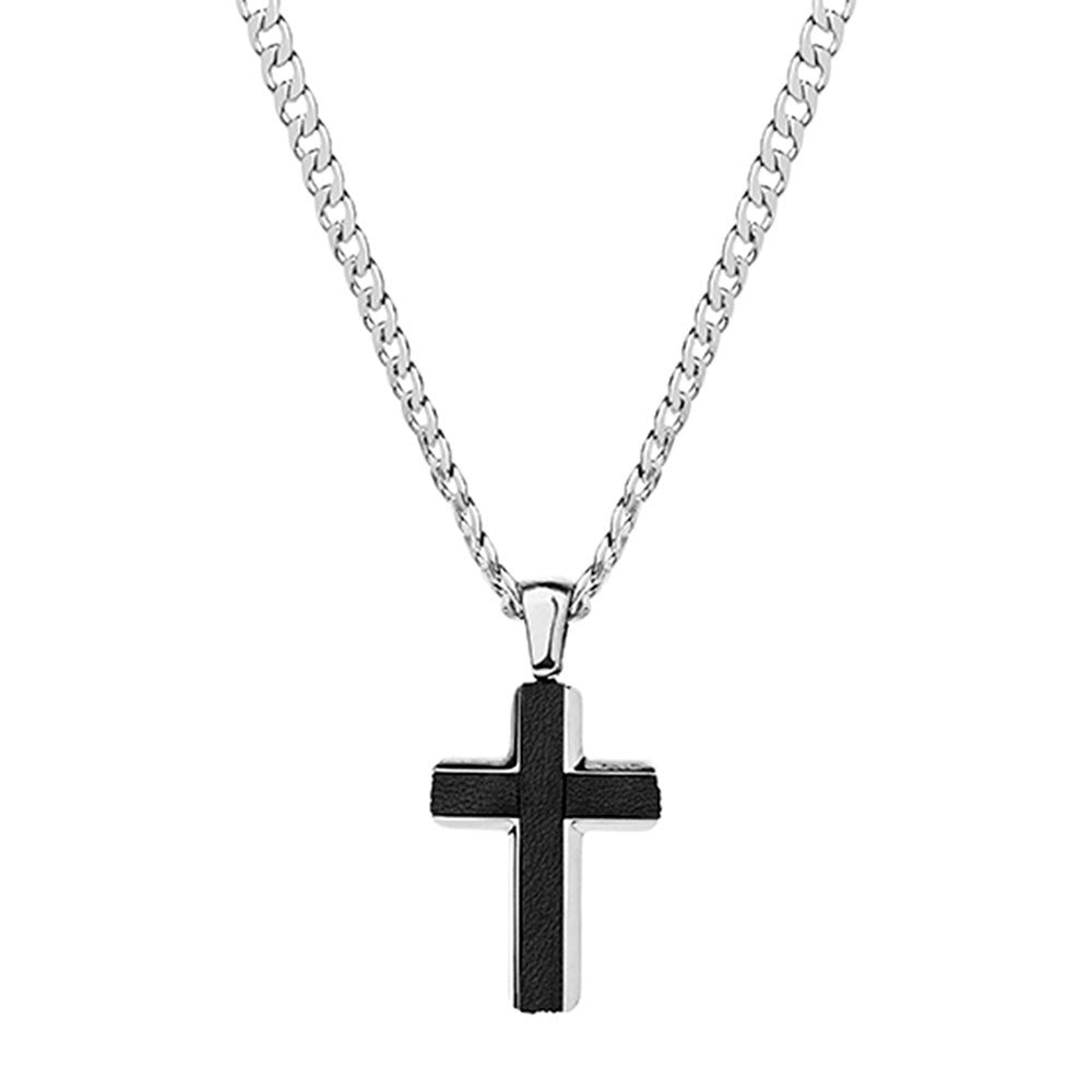 Blaze Stainless Steel & Leather Cross on 55cm Curb Chain