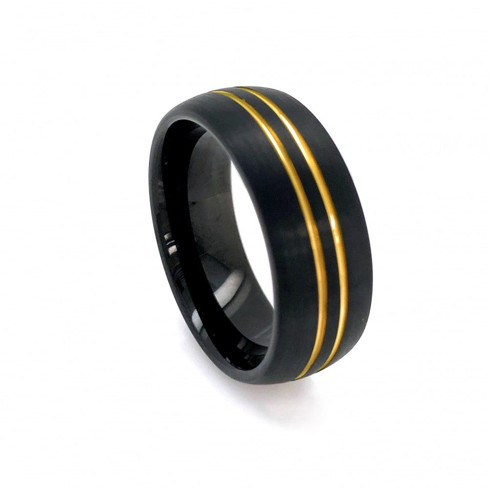 Blaze Tungsten Double Gold Tone Line Matte Black Ring TSR81