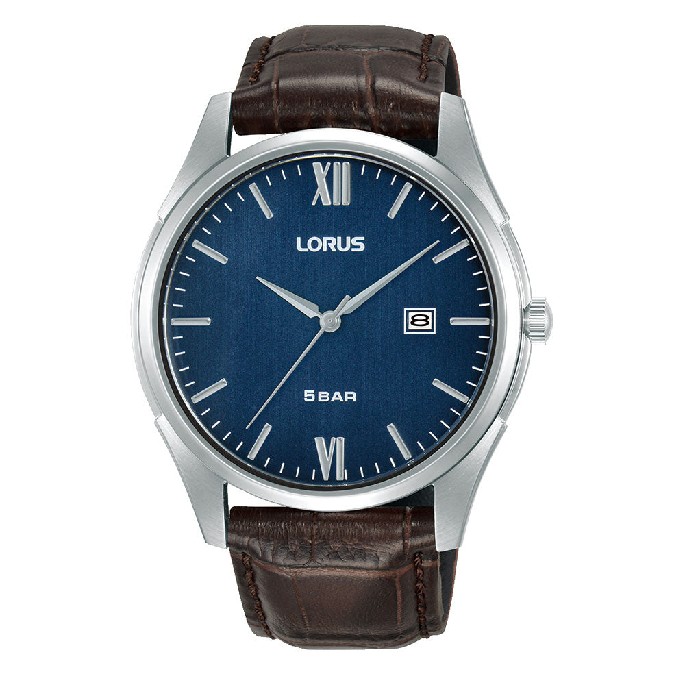 Lorus Stainless Steel Blue Dial & Brown Leather Strap Watch