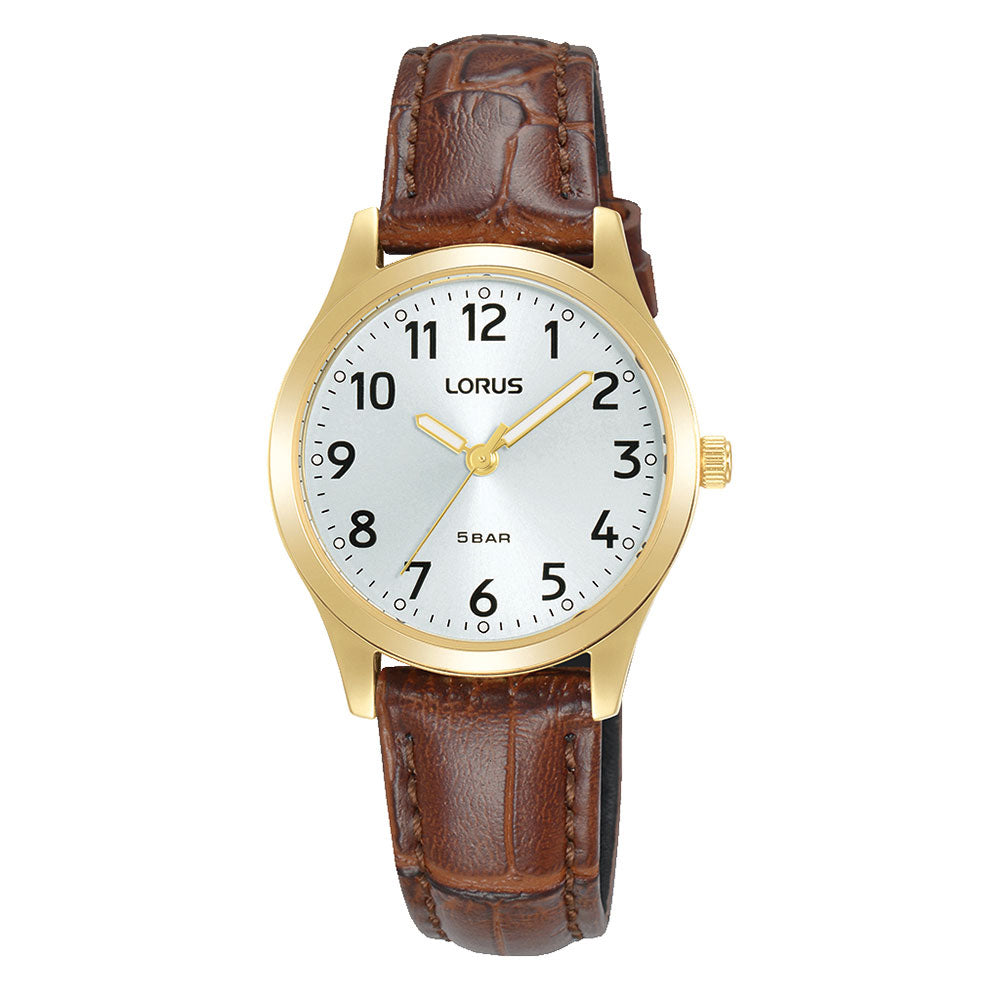 Lorus Gold-Tone Pearl Dial & Brown Leather Strap Watch RRX20