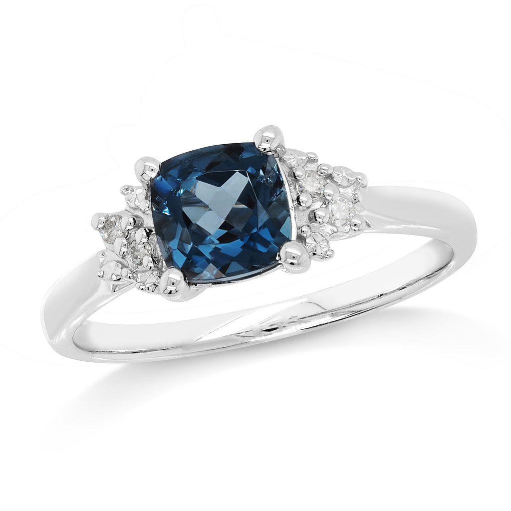 9ct White Gold Cushion Cut London Blue Topaz & Diamond Ring