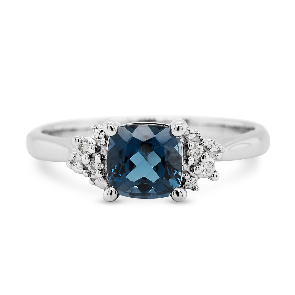 9ct White Gold Cushion Cut London Blue Topaz & Diamond Ring