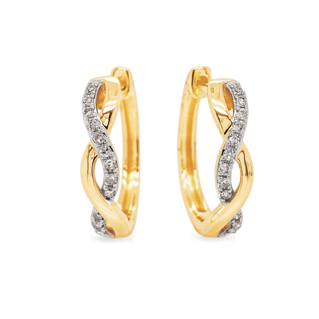 9ct Yellow Gold Diamond Plait Huggie Earrings TDW 0.10CT
