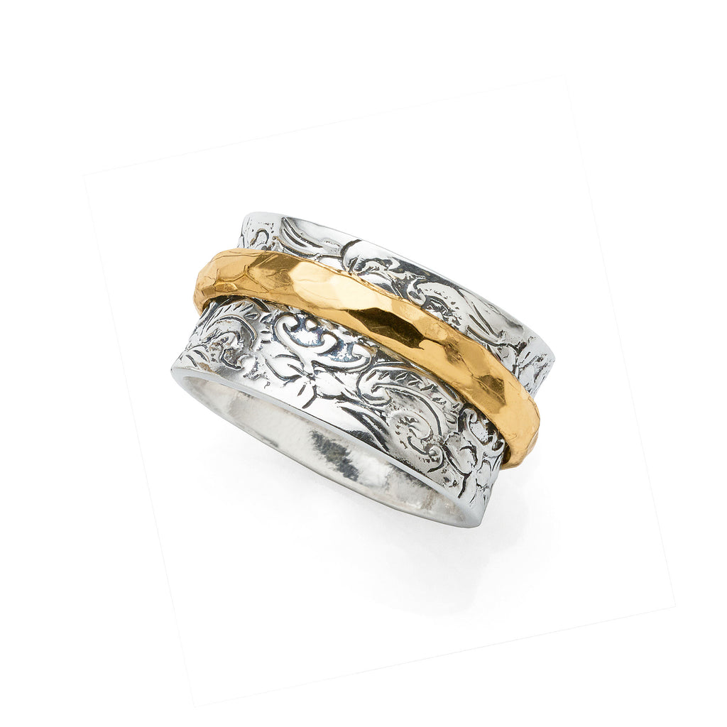 Sterling Silver Embossed Concave Ring With Gold Tone Spinnin