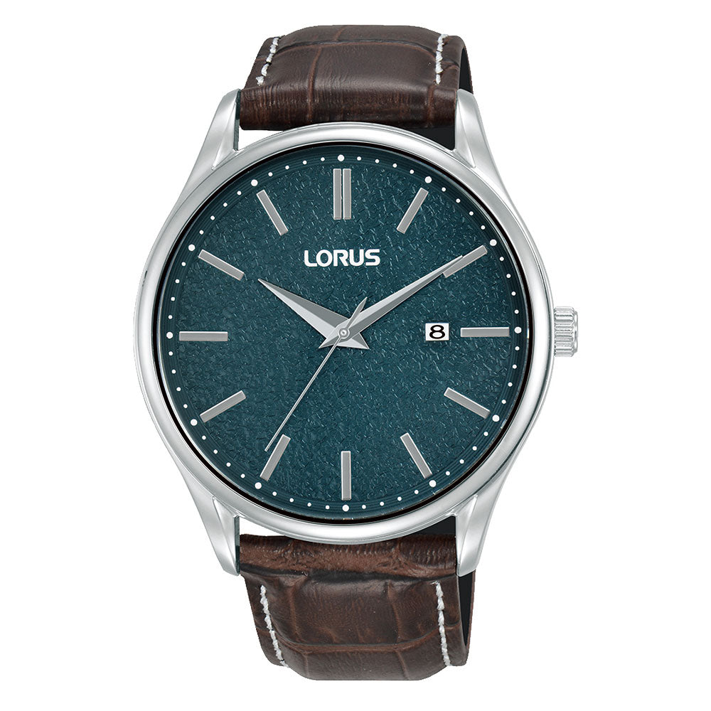 Lorus Textured Blue Dial Brown Leather Strap Analogue Watch