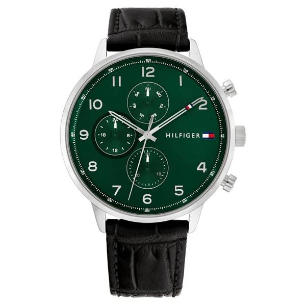 Tommy Hilfiger Black Leather Green Dial Multi-function Watch