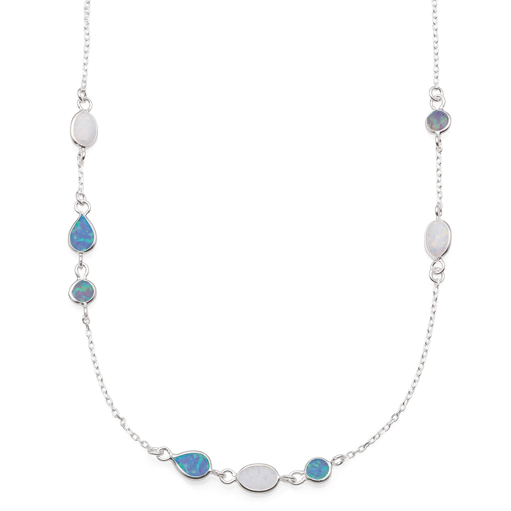 Sterling Silver Blue & White Created Opal Trace Chain Neckle