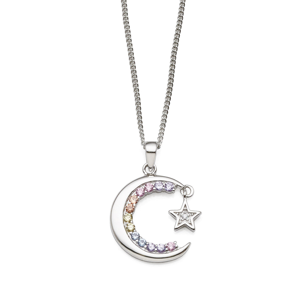 Sterling Silver Crescent Moon & Star Coloured Cubic Zirconia