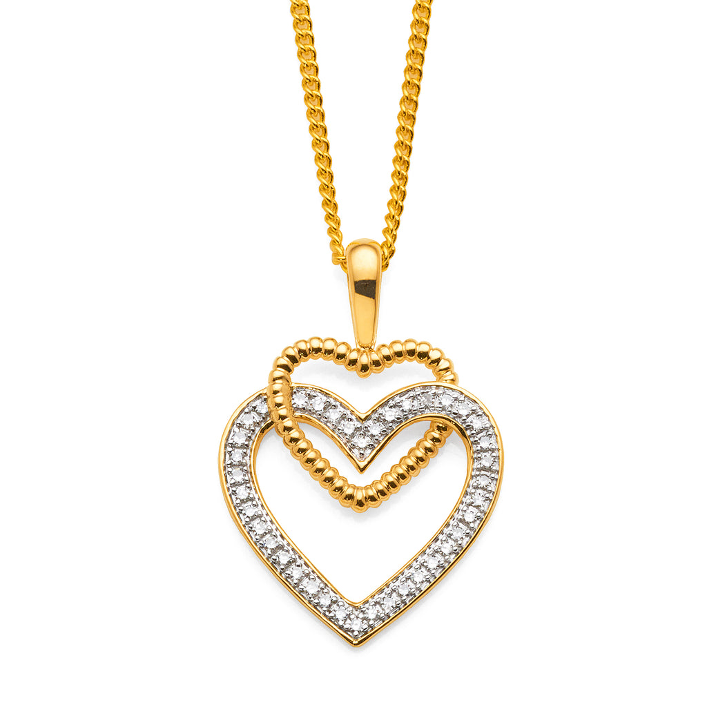 9ct Yellow Gold Diamond Double Entwined Open Heart Pendant T
