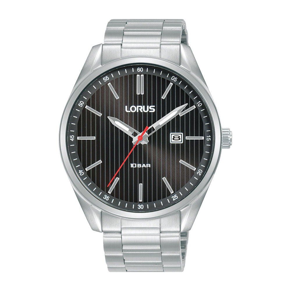 Lorus Stainless Steel Black Stripe Dial Analogue Watch RH913