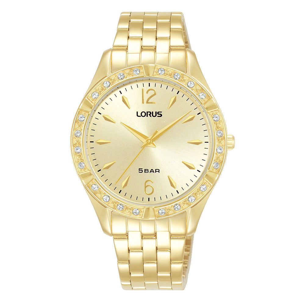 Lorus Gold-Tone Stainless Steel Crystal Bezel Watch RG268WX-