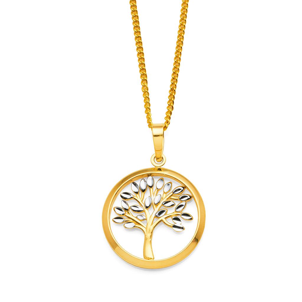 9ct Yellow Gold 2-Tone Tree Of Life Open Circle Pendant