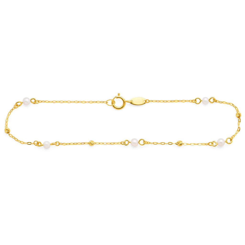 9ct Yellow Gold Pearl Cable Link Bracelet 19cm