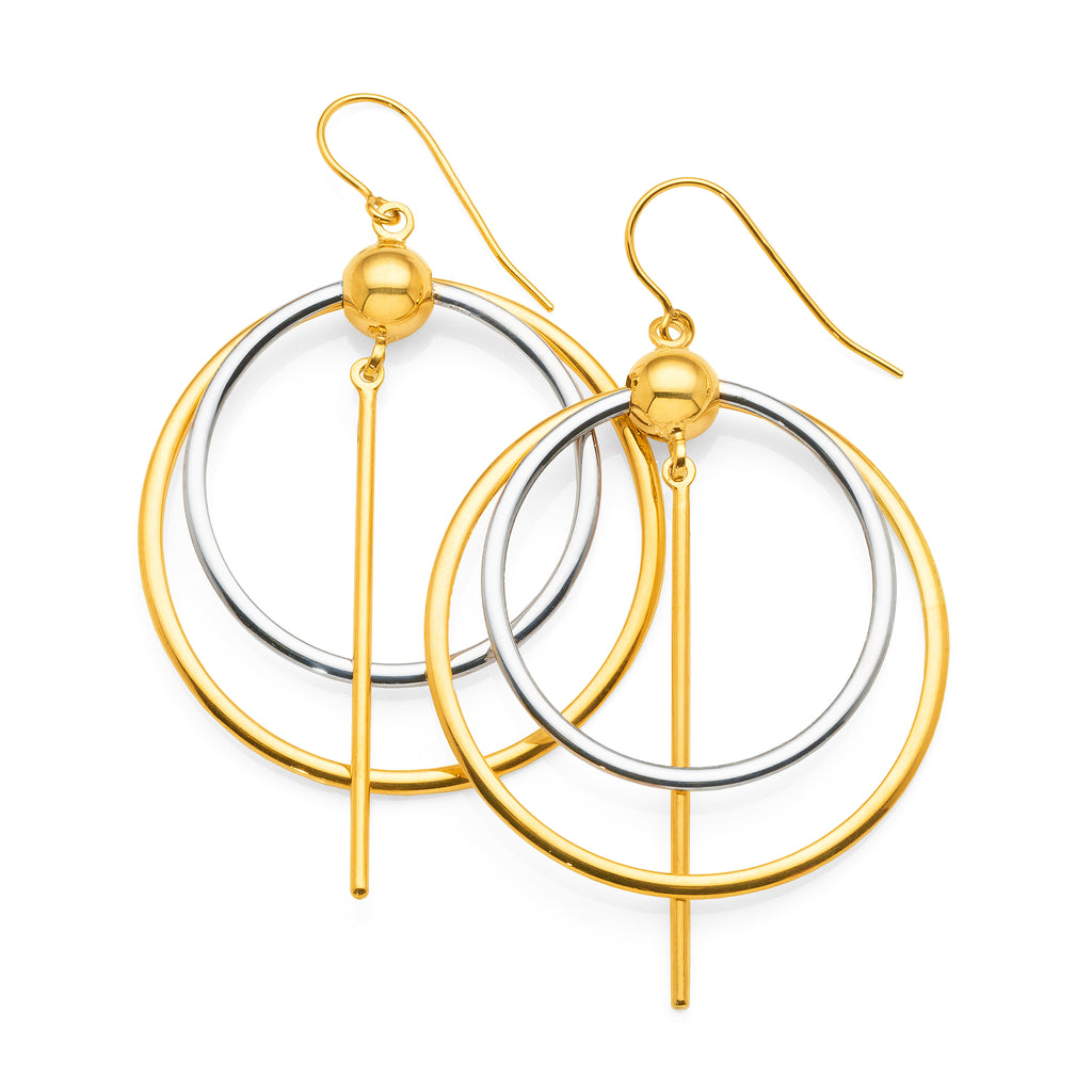 9ct Gold Bonded Double Open Circle & Hanging Bar Hook Earrin