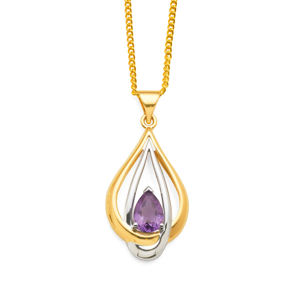 9ct 2-Tone Open Pear Shaped Amethyst Pendant